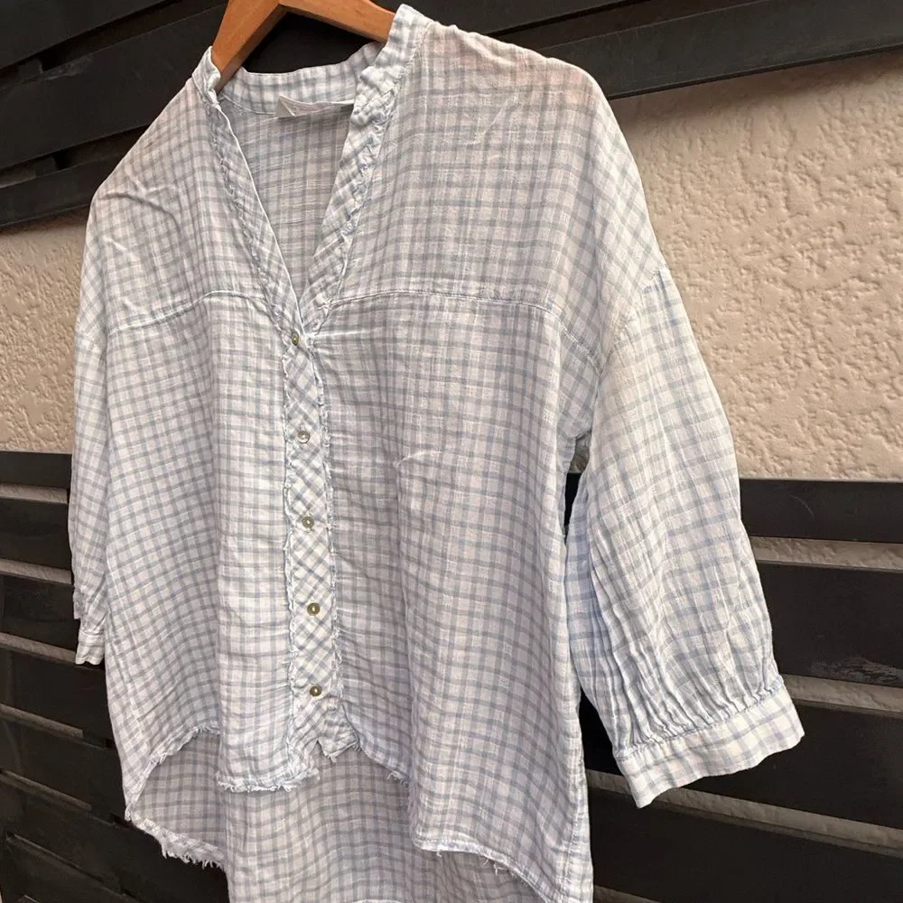 Zara Basic Lightweight Gingham Check Button Front Blouse in Light Blue/White |XS